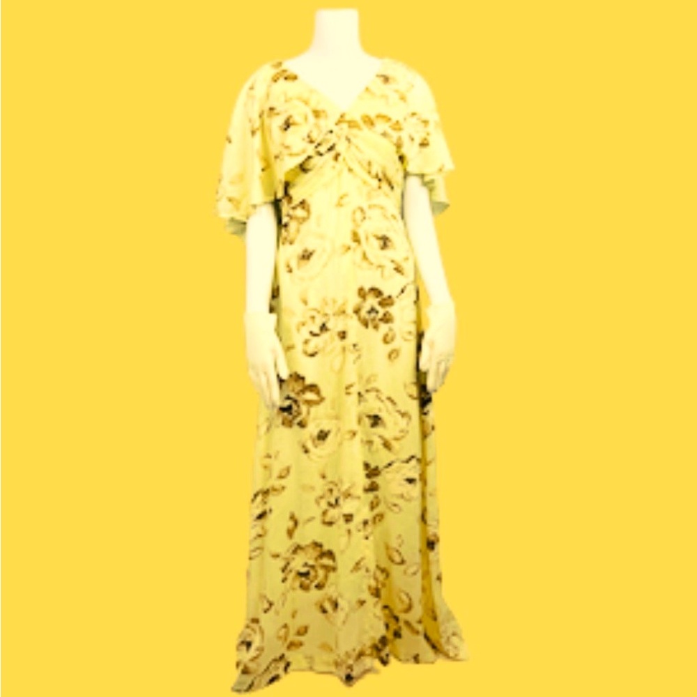Size S Vintage Hand Made Maxi Dress w/Attached Cape Yellow w/Gold Floral Pattern